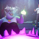 Ursula from The Little Mermaid holds a green bottle of magic near a man in a white shirt.